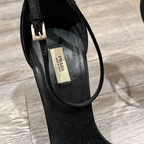 Prada Black Strappy Satin Logo Heels - Picture 3 of 7